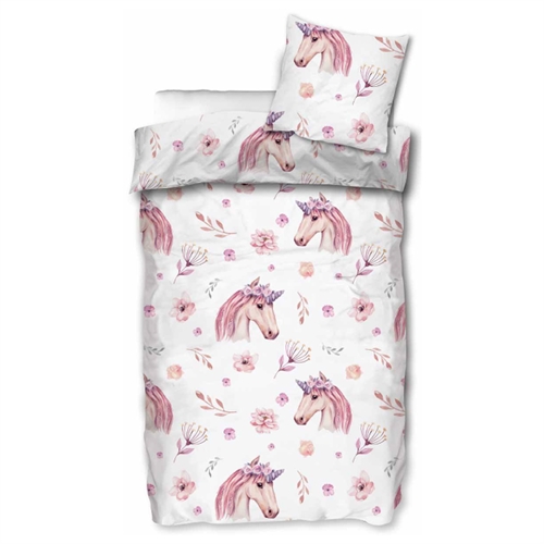 Image of Junior sengetøj 100x140 cm - Enhjørning med blomster - 2 i 1 design - 100% bomuld børne sengesæt